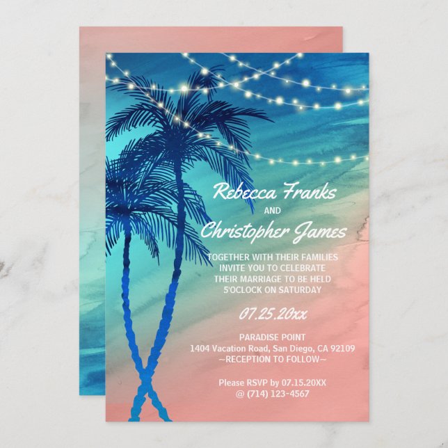 Tropical Teal Blue & Peach Wedding Invitations (Front/Back)