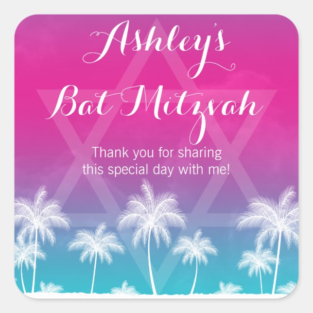 Tropical Teal Blue Pink Bat Mitzvah Square Sticker (Front)