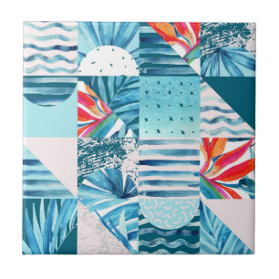 Tropical Teal Geometric Abstract Pattern Ceramic Tile