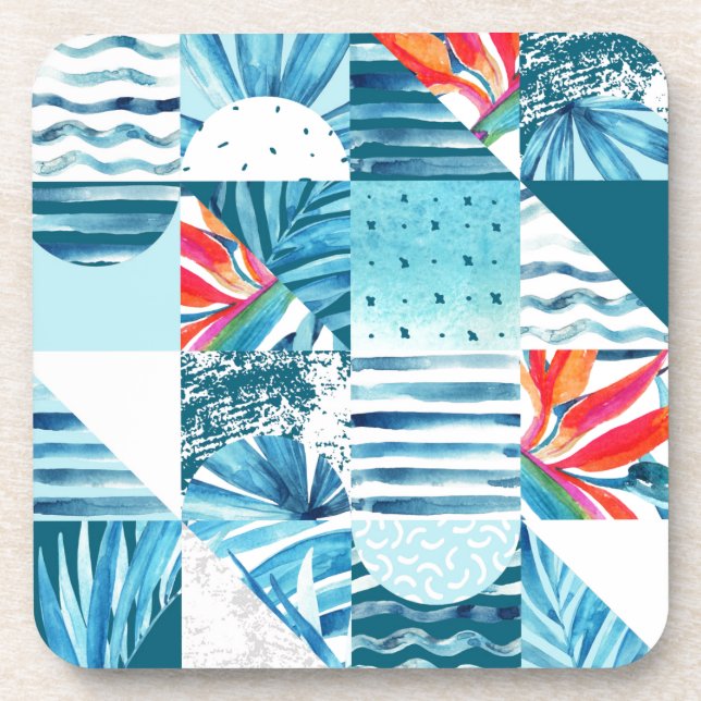 Tropical Teal Geometric Abstract Pattern Coaster (Front)