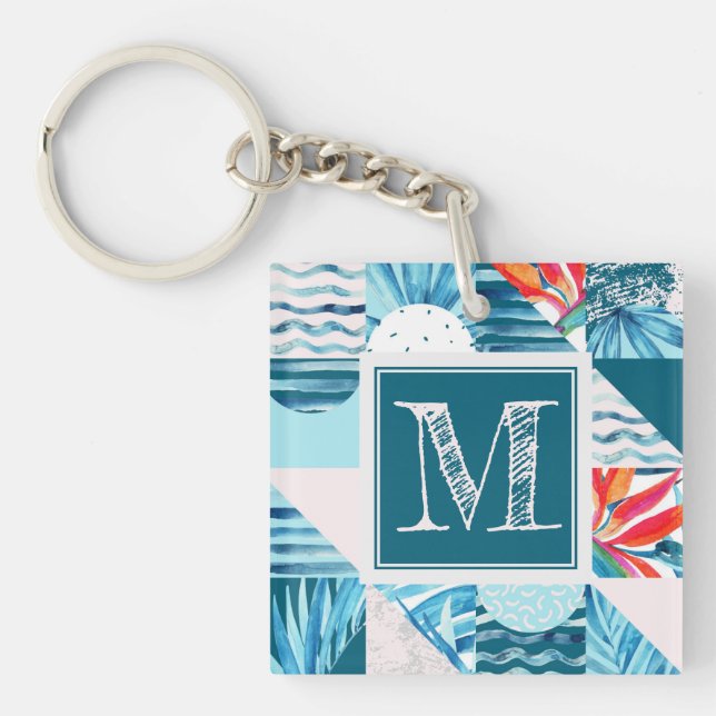 Tropical Teal Geometric Abstract Pattern Key Ring (Front)