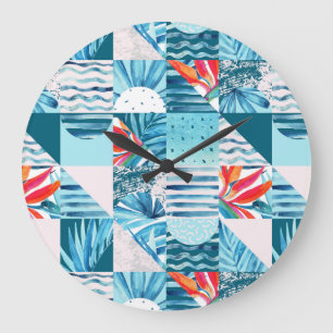 Tropical Teal Geometric Abstract Pattern Large Clock