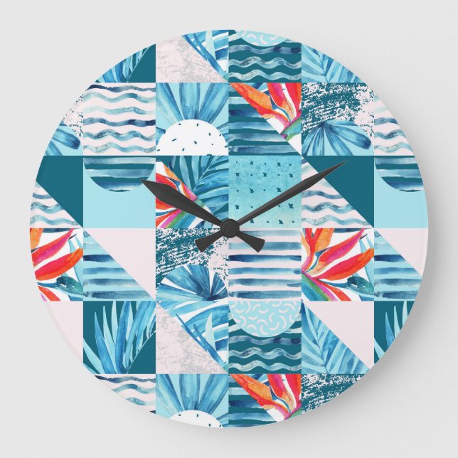 Tropical Teal Geometric Abstract Pattern Large Clock (Front)