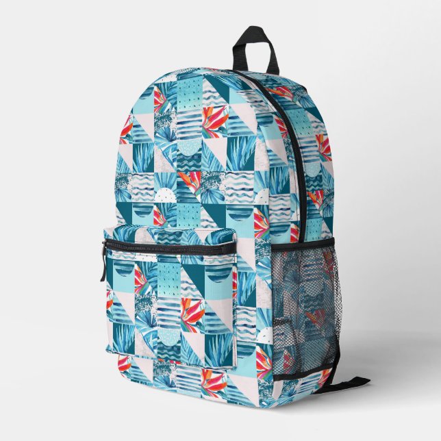 Tropical Teal Geometric Abstract Pattern Printed Backpack (Back Corner Right)