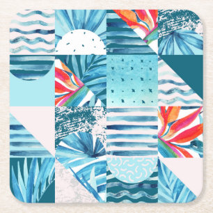 Tropical Teal Geometric Abstract Pattern Square Paper Coaster