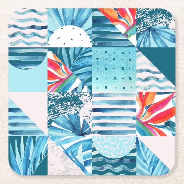 Tropical Teal Geometric Abstract Pattern Square Paper Coaster (Front)