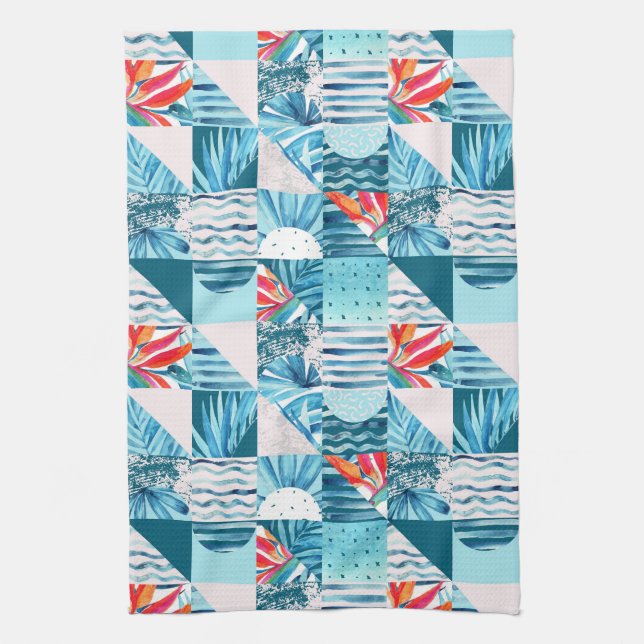 Tropical Teal Geometric Abstract Pattern Tea Towel (Vertical)