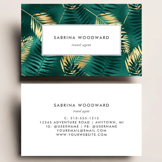 Tropical Teal Gold Foliage Pattern Business Card (Creator Uploaded)