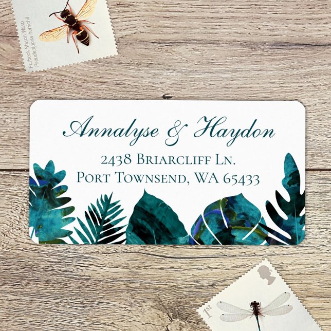 Tropical Teal Island Leaves Wedding Address Label (tropical teal green, aquamarine island palm leaves, monstera, ferns address labels for rsvp cards)