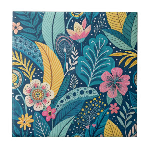Tropical Teal Jungle Flowers & Boho Floral Pattern Ceramic Tile