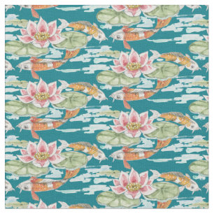 Tropical Teal Koi & Lotus Fish Pond Watercolor Fabric