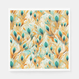 Tropical Teal Mint Orange Peacock Feathers  Napkin