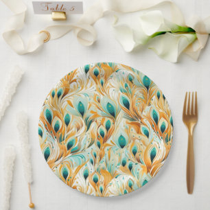 Tropical Teal Mint Orange Peacock Feathers Paper Plate
