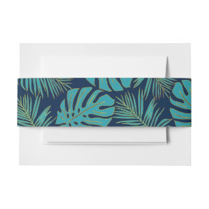 Tropical teal, navy monstera, palm leaves wedding invitation belly band