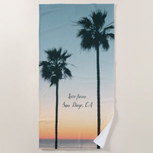 Tropical Teal & Orange Palm Tree Sunset Silhouette Beach Towel