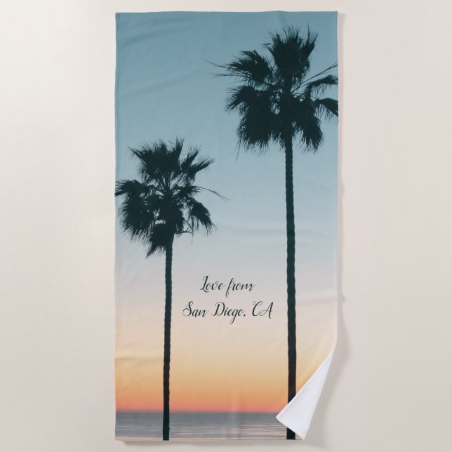 Tropical Teal & Orange Palm Tree Sunset Silhouette Beach Towel (Front)
