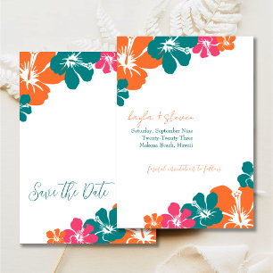 Tropical Teal Orange Pink Hibiscus Save The Date Invitation