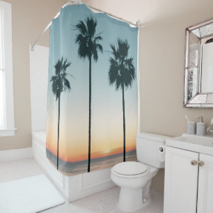 Tropical Teal & Orange Sunset Palm Tree Silhouette Shower Curtain