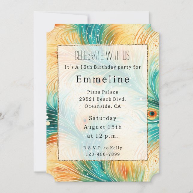 Tropical Teal Peach Orange Peacock Feathers Invitation (Front)