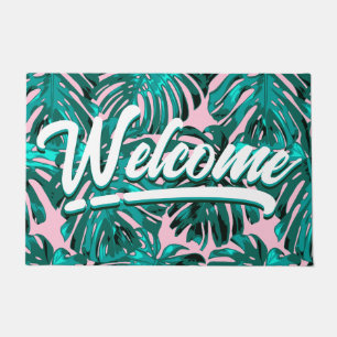Tropical Teal Pink Monstera Jungle Leaves Doormat