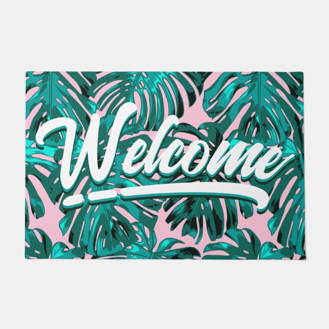 Tropical Teal Pink Monstera Jungle Leaves Doormat (Front)