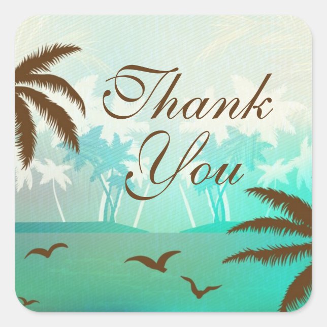 Tropical Teal Scenic Beach Thank You Sticker (Front)