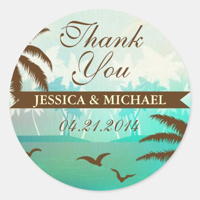 Tropical Teal Scenic Beach Thank You Sticker (Front)
