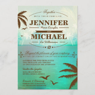 Tropical Teal Scenic Beach Wedding Invitations