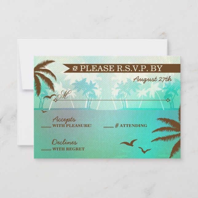 Tropical Teal Scenic Beach Wedding RSVP Card (Front)