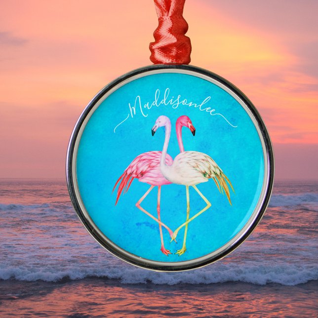 Tropical teal watercolor Monogram  Pink Flamingo Metal Ornament (Creator Uploaded)