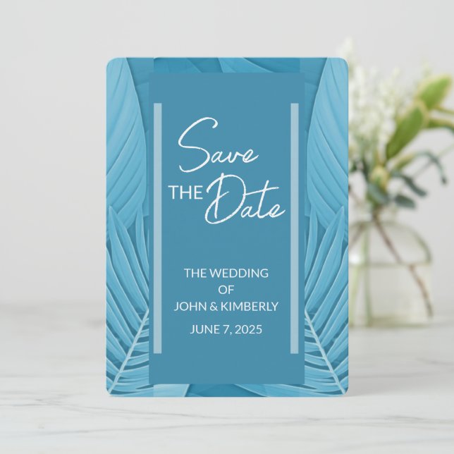 Tropical Teal Wedding Save The Date Photo Card (Standing Front)