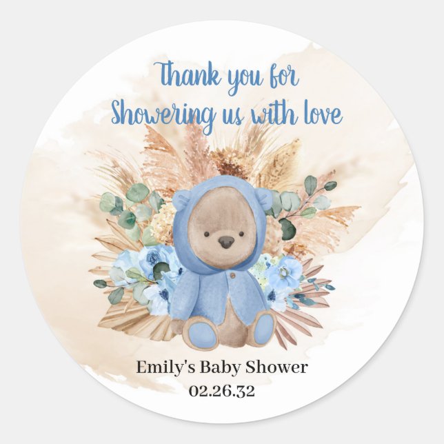 Tropical teddy bear pampas grass eucalyptus baby classic round sticker (Front)