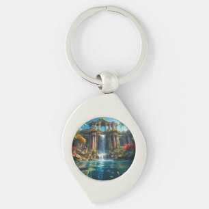 Tropical Temple Waterfall Lake of Fish Key Ring