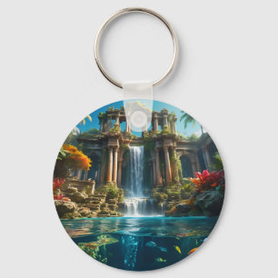 Tropical Temple Waterfall Lake of Fish Key Ring