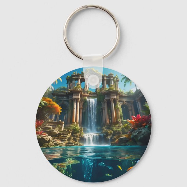 Tropical Temple Waterfall Lake of Fish Key Ring (Front)