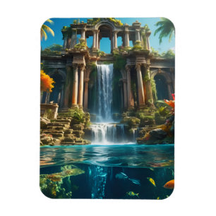 Tropical Temple Waterfall Lake of Fish Magnet