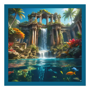Tropical Temple Waterfall Lake of Fish Photo Print