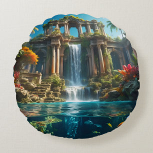 Tropical Temple Waterfall Lake of Fish Round Cushion
