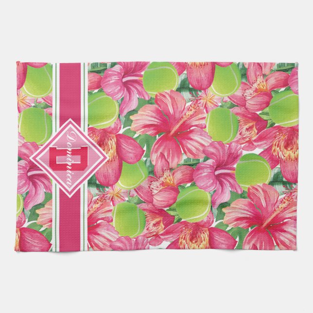 🌺🌴Tropical tennis with hibiscus,  with name  Tea Towel (Horizontal)