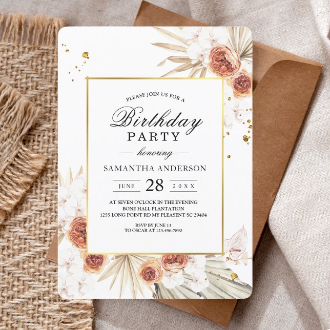 Tropical Terracotta Dried Palm Leaf Gold Frame Invitation (Creator Uploaded)