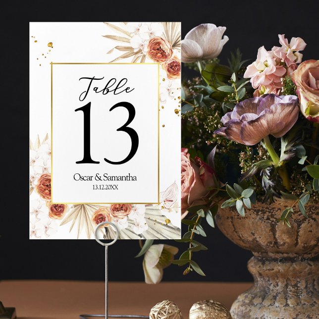 Tropical Terracotta Dried Palm Leaf Gold Frame Table Number (Creator Uploaded)