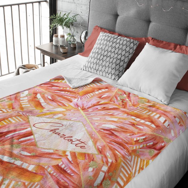 Tropical Terracotta Monstera Leaf Pattern Modern Fleece Blanket (Creator Uploaded)