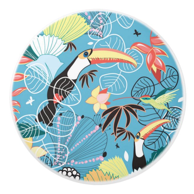 Tropical Texture With Toucans and Hummingbirds Ceramic Knob (Front)