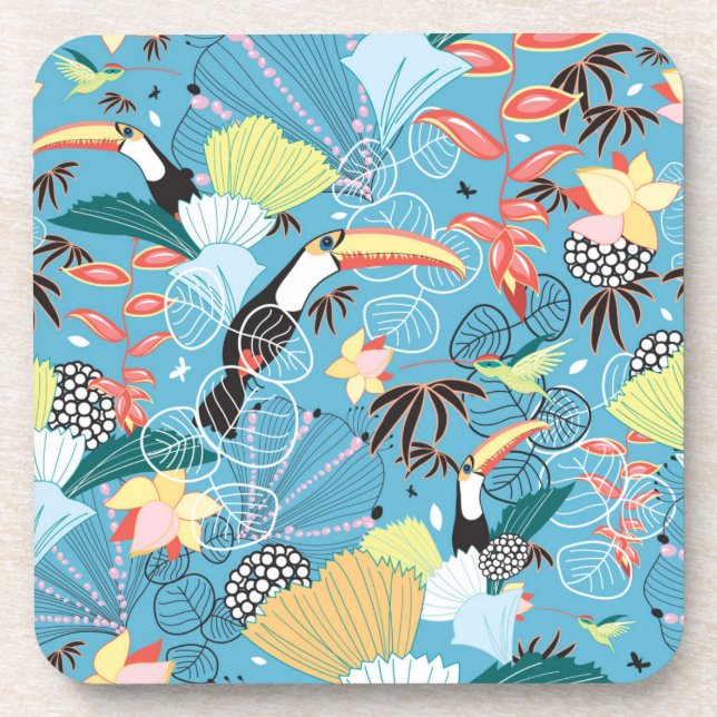 Tropical Texture With Toucans and Hummingbirds Coaster (Front)