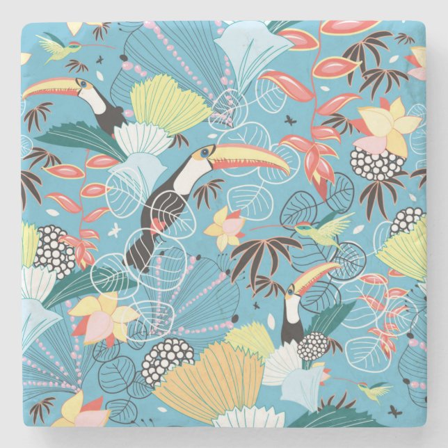 Tropical Texture With Toucans and Hummingbirds Stone Coaster (Front)