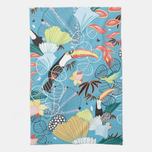 Tropical Texture With Toucans and Hummingbirds Tea Towel