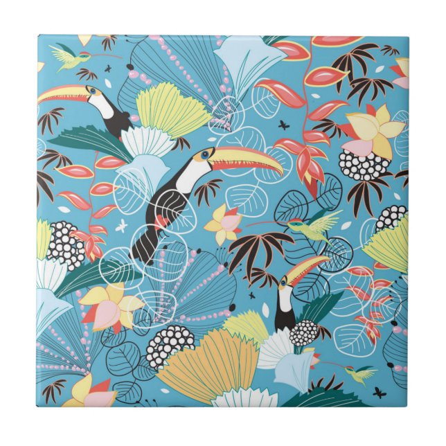 Tropical Texture With Toucans and Hummingbirds Tile (Front)