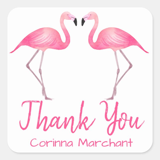 Tropical Thank You Pink Flamingos Wedding Shower Square Sticker (Front)