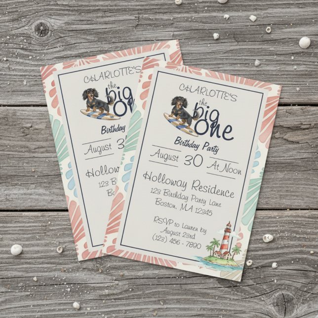 Tropical The Big One Surf Dachshund Birthday Invitation (Celebrate your little one’s special day with this Tropical The Big One Surf Dachshund Birthday!)