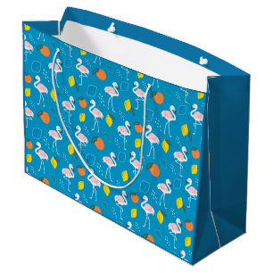 Tropical Theme Flamingo Fruits on Blue Background Large Gift Bag